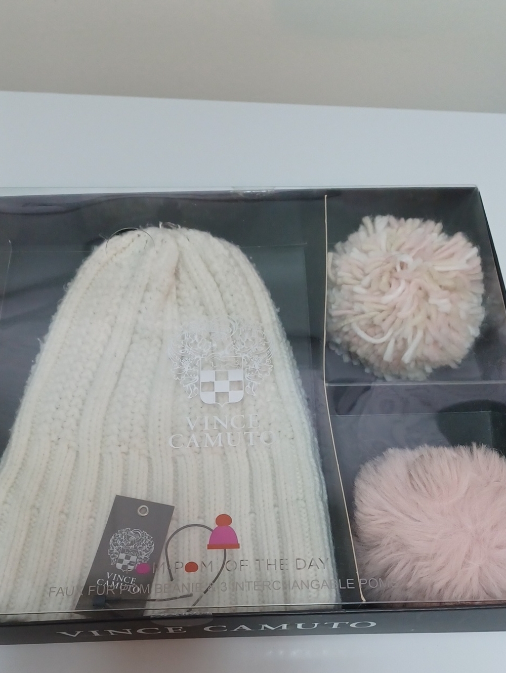 Vince Camuto Kids Cream Knit Beanie with Two Pink and Multi-Color Poms.